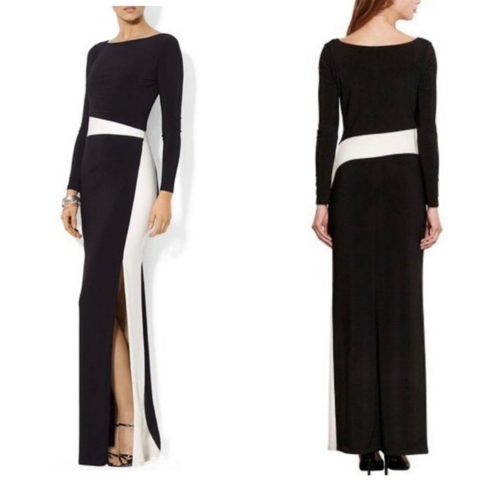 Lauren Ralph Lauren Dark Navy Cream Colorblock Maxi Gown 8 Long Sleeve Elegant - Picture 2 of 12